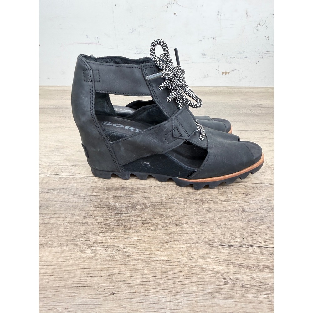 Sorel Joanie Lace Black Leather Wedge Sandals NL2453-010 Womens 8